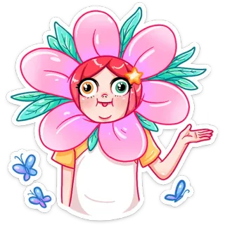 🌸 flower, girl, cartoon, cute, butterflies, character, sticker whatsapp sticker