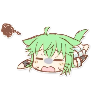😴 Anime, Manga, Chibi, Słodkie, Naklejka, Zielone włosy, Zdezorientowany, Leżący telegram sticker
