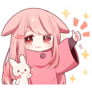 👍 Anime, Kawaii, Fofo, Coelho, Polegar para cima, Brilhos, Rosa, Chibi whatsapp sticker