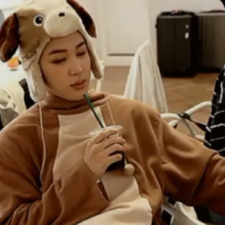 ☺ dog hat, brown sweatshirt, person, drinking, casual, straw telegram sticker