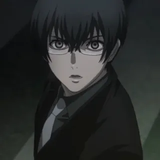 🇦🇴 Kishou Arima Tokyo Ghoul anime, occhiali, capelli neri, completo, personaggio telegram sticker