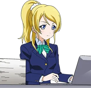 🤓 fille anime, dessin animé, uniforme scolaire, cheveux blonds, ordinateur, étudiant telegram sticker