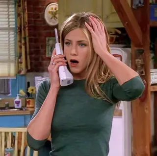 😱 Rachel Green Friends femme, téléphone, surprise, contrarié(e), réaction, série TV, Jennifer Aniston whatsapp sticker