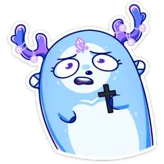 ✝️ cartoon, blue, cross, sad, character, antlers, animal whatsapp sticker