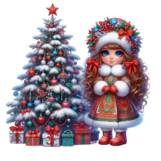 🎄 คริสต์มาส, ต้นคริสต์มาส, เด็กผู้หญิง, ของขวัญ, วันหยุด, ฤดูหนาว, เทศกาล whatsapp sticker