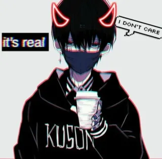 🌟 it's real, I DON'T CARE アニメ, 少年, 角, 悪魔, ダーク, コーヒー, クソ whatsapp sticker