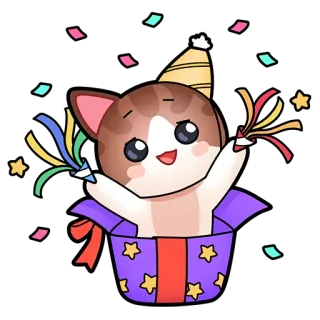 🥳 cat, kitten, birthday, party, celebration, confetti, present, cute telegram sticker