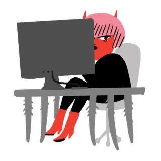 👀 diablo, ordenador, oficina, trabajo, sentado, dibujos animados, ilustración telegram sticker
