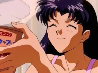 😊 Misato Katsuragi Neon Genesis Evangelion аниме, женщина, улыбается, лапша быстрого приготовления, Мисато, Евангелион whatsapp sticker