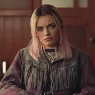 🌸 Maeve Wiley Sex Education Retrato, Mujer, Adolescente, Maeve Wiley, Sex Education, Pelo rosa, Chaqueta flecos telegram sticker