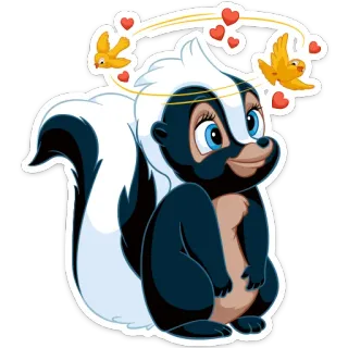 ☺️ skunk, cartoon, animal, cute, love, birds, hearts telegram sticker