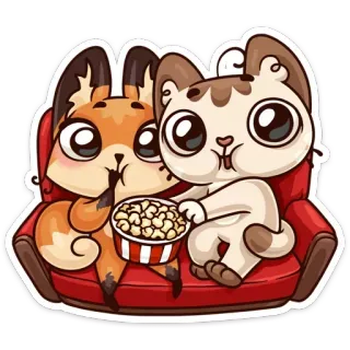 🍿 Cartone animato, Volpe, Gatto, Popcorn, Divano, Carino, Animali telegram sticker