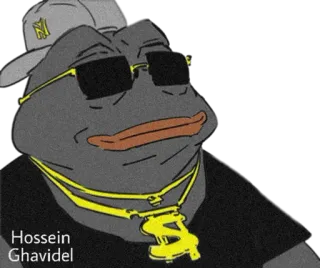 🤑 Hossein Ghavidel kikker, meme, cool, gouden ketting, zonnebril, hoed telegram sticker