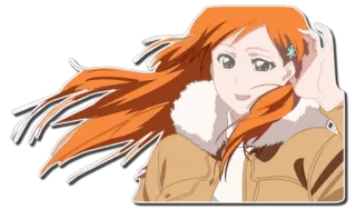 😄 Orihime Inoue Bleach anime, girl, orange hair, wind, jacket telegram sticker