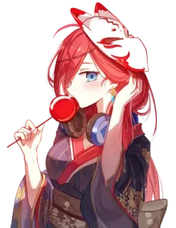 🍂 Anime, Manga, Máscara de zorro, Caramelo, Chupachups, Auriculares, Kimono, Pelo rojo, Lindo telegram sticker