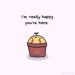 🍓 I'm really happy you're here. happy, cute, greeting, plant, yellow, chibi, bird telegram sticker