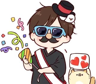 🥳 cartoon, confetti, party, celebration, hat, hearts, dog telegram sticker