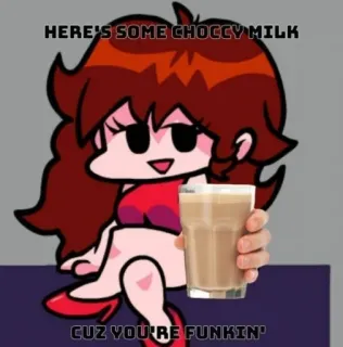 🍬 Girlfriend Friday Night Funkin' HERE'S SOME CHOCCY MILK
CUZ YOU'RE FUNKIN' Friday Night Funkin, Dziewczyna, Mleko czekoladowe, Kreskówka telegram sticker