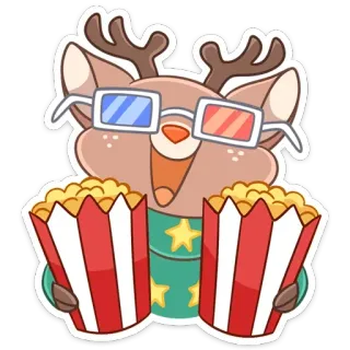 🍿 กวางเรนเดียร์, ป๊อปคอร์น, ภาพยนตร์, แว่นตา, น่ารัก, การ์ตูน, สติกเกอร์ telegram sticker