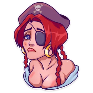 ☹ Pirat, Frau, Cartoon, Augenklappe, Hut, Schädel, rote Haare telegram sticker
