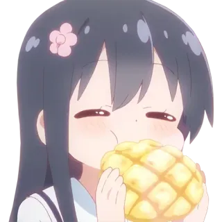 🧇 anime, girl, melon bread, eating, cute, flower, food whatsapp sticker