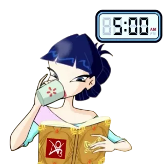☕ 5:00 AM hoạt hình, thức uống, sách, buổi sáng, đồng hồ báo thức, cô tiên, hoạt họa telegram sticker