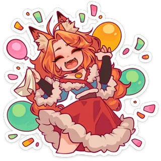 🥳 adesivo, desenho animado, garota raposa, anime, fofo, confete, balões, kawaii whatsapp sticker