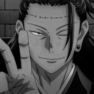 🚬 Suguru Geto Jujutsu Kaisen Anime, Manga, Jujutsu Kaisen, Suguru Geto, Personnage, Signe de paix, Noir et blanc telegram sticker