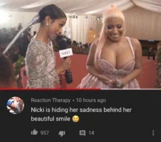 🥺 Nicki Reaction Therapy
Nicki is hiding her sadness behind her beautiful smile réaction, thérapie, Nicki Minaj, tristesse, sourire, divertissement telegram sticker