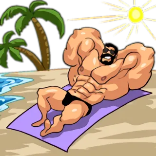 ☀ mięsień, plaża, słońce, opalanie, kreskówka, umięśniony telegram sticker