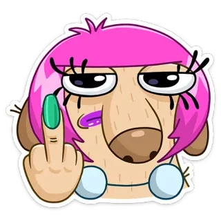 🖕 doigt d'honneur, offensant, dessin animé, chien, geste, cheveux roses whatsapp sticker
