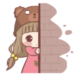 🚪 девушка, шапка медведя, аниме, каваий, милый, подглядывает, кирпичная стена telegram sticker
