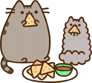 🍟 Pusheen Katze, Cartoon, Sticker, Essen, Chips, Guacamole, Snack telegram sticker