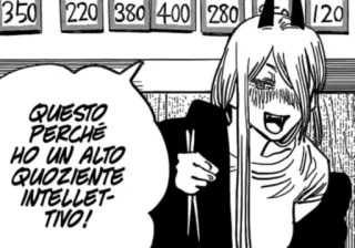 🧠 Power Chainsaw Man QUESTO PERCHE HO UN ALTO QUOZIENTE INTELLETTIVO! Anime, Manga, Personaje, Comida, Frase whatsapp sticker