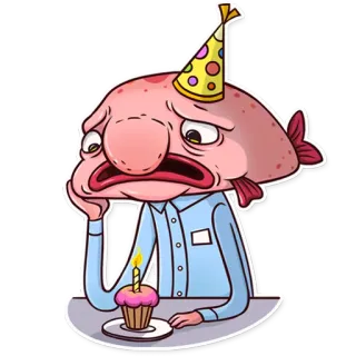 🎂 poisson-blob, triste, anniversaire, fête, cupcake, seul, dessin animé telegram sticker
