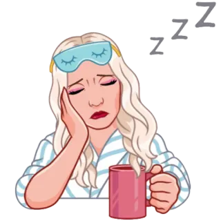 😴 śpiący, zmęczona, kobieta, rano, kawa, zz, wyczerpana, maska do spania telegram sticker