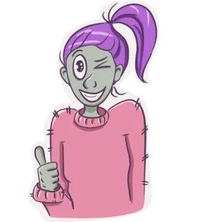 👍 kreskówka, kobieta, różowy, kciuk w górę, pozytywny, fioletowe włosy telegram sticker