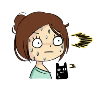 😨 esausto, sudato, cartone animato, preoccupato, ansioso, gatto nero, emoji whatsapp sticker