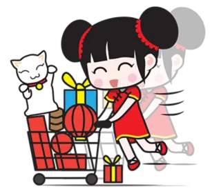 🛍 Chinesisches Neujahr, Einkaufswagen, Katze, Mädchen, Laterne, Geschenk, Tracht, Glückskatze telegram sticker