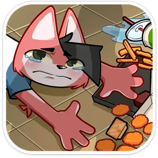 😵 triste, chorando, comida, bagunça, desenho animado, adesivo, antropomórfico, raposa telegram sticker