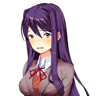 😵 Yuri Doki Doki Literature Club! Anime, Mädchen, lila Haare, Schuluniform, nervös, schüchtern telegram sticker