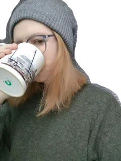 ☕ Frau, Kaffee, Mütze, Brille, Pullover, Tasse, Porträt telegram sticker