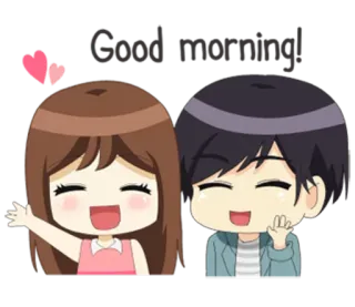 🌝 Good morning! saluto, buongiorno, cartone animato, carino, coppia, cuori telegram sticker