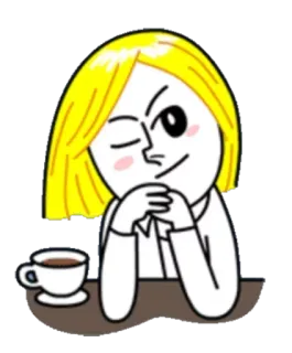 😉 漫画, 女性, コーヒー, ウインク, ニヤリ, 金髪, 白いシャツ, 企み, 可愛い telegram sticker