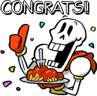 🎉 Papyrus Undertale CONGRATS!! fête, jeu vidéo, squelette, félicitations, spaghetti, nourriture telegram sticker