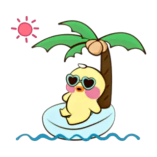🐥 duck, beach, summer, cartoon, cute, palm tree, sunglasses telegram sticker