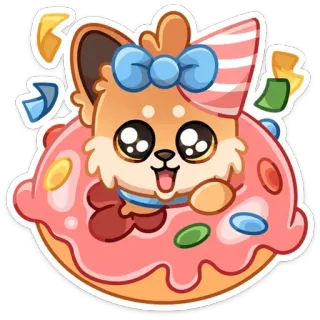 🥳 mignon, chien, donut, kawaii, dessin animé, fête, célébration telegram sticker