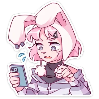 😓 动漫女孩, 兔子, 手机, 担心, 卡通, 贴纸, 焦虑 whatsapp sticker