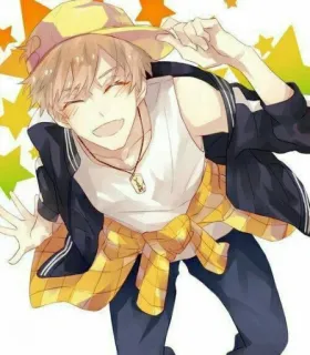 😂 Anime, Anak laki-laki, Lucu, Kuning, Topi, Tersenyum telegram sticker