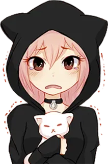 😢 ragazza anime, felpa gatto, piangere, triste, carino, manga, kawaii whatsapp sticker